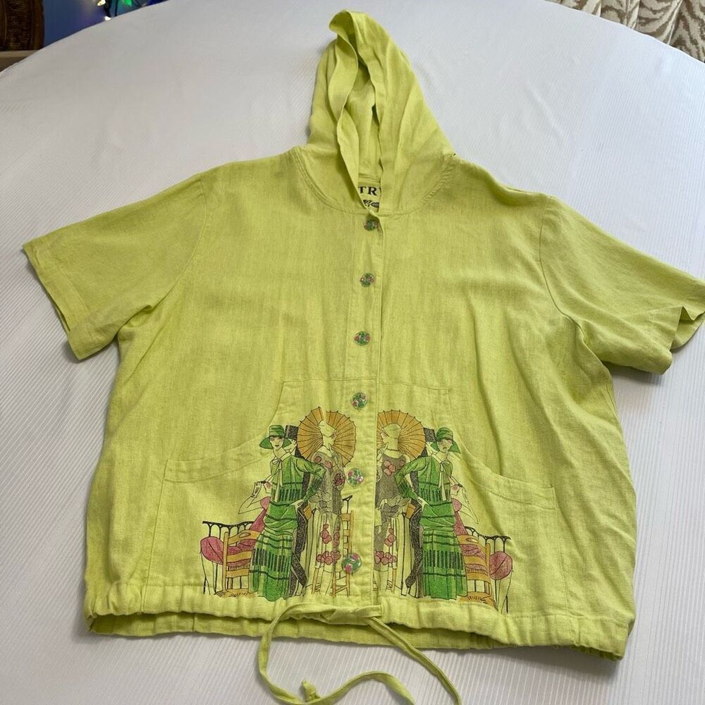 Country Wear Casuals Green Linen Art To Wear Short Sleeve Top Jacket Size Large